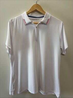 Peter Millar White Short-Sleeve Zip Polo with Red & Navy Collar Stripes
